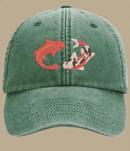 Fun Koi Carp Design Machine Embroidered Vintage Style Cap Available in More Colours