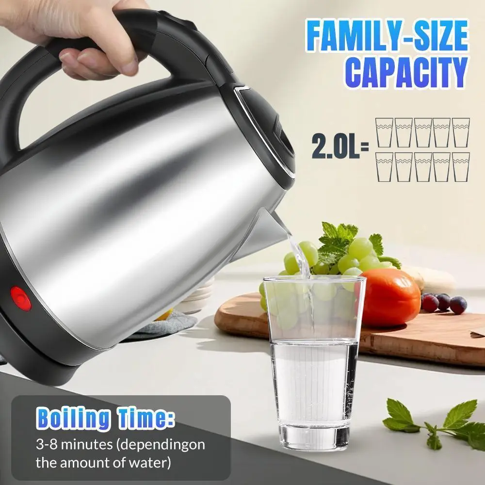 【BackToSchool】110V US Plug 2L Food-Grade SS Single-Layer Mirror Finish Electric Kettle, 230mm Size, 1000W Rapid Boil, Auto Shut-Off, Boil-Dry Safe, Large Capacity