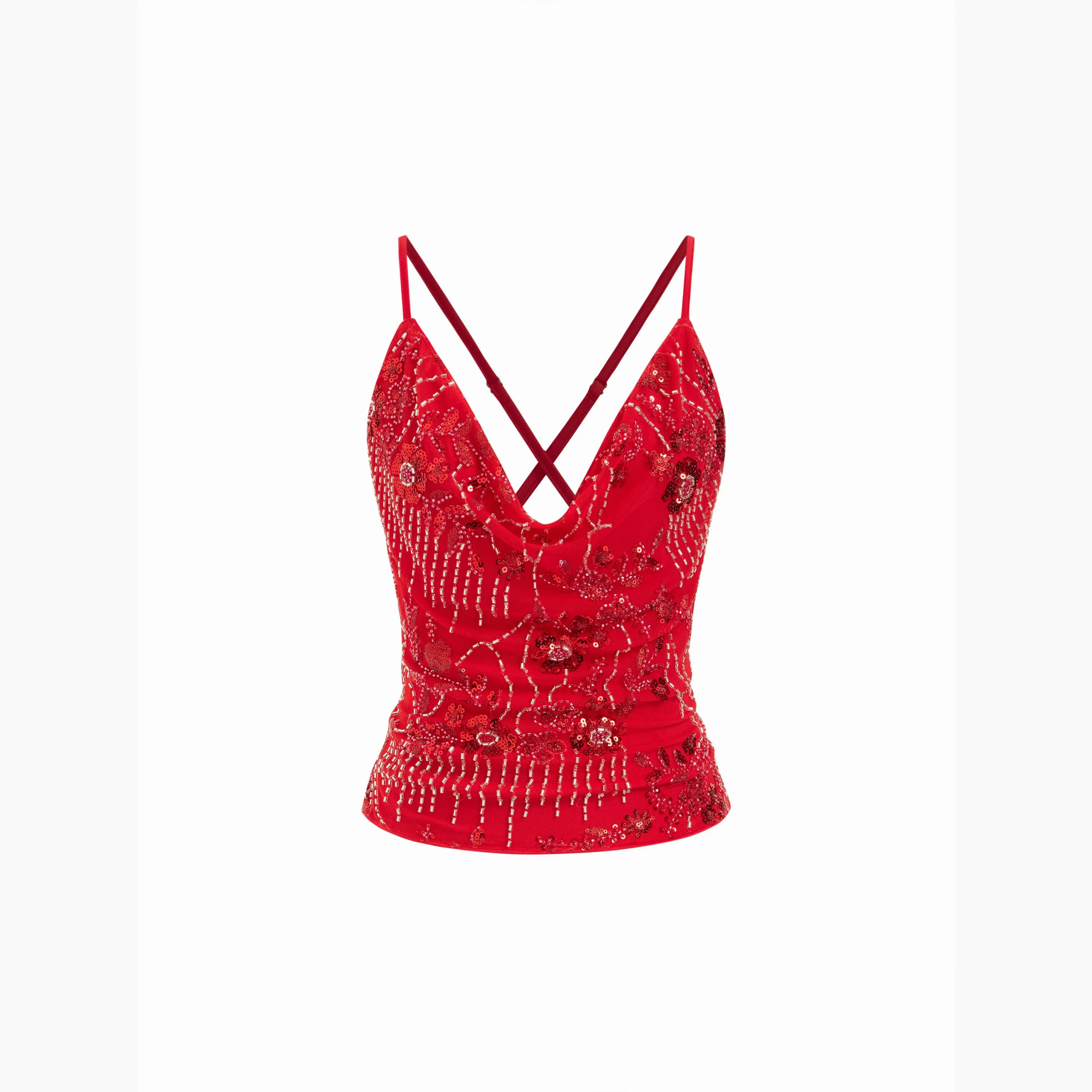 Cider Women's Sleeveless Mesh, Sequin, Beaded Cowl Neck Cami Top, Spaghetti Strap