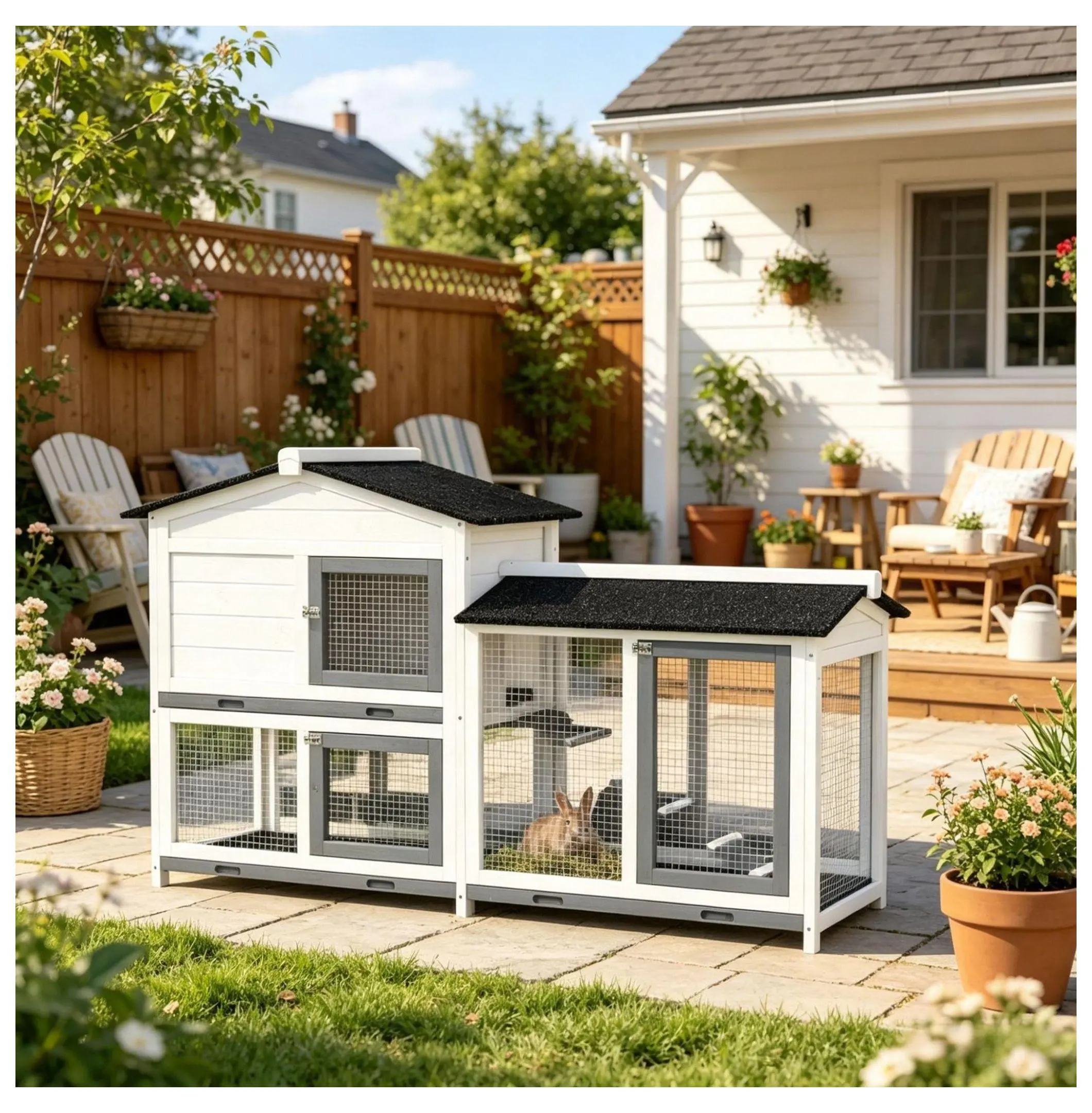 62" Fir Wood Animal Hutch for Rabbits/Guinea Pigs - Single Unit Pet Enclosure with Lockable Doors, Asphalt Roof, and Exercise Area