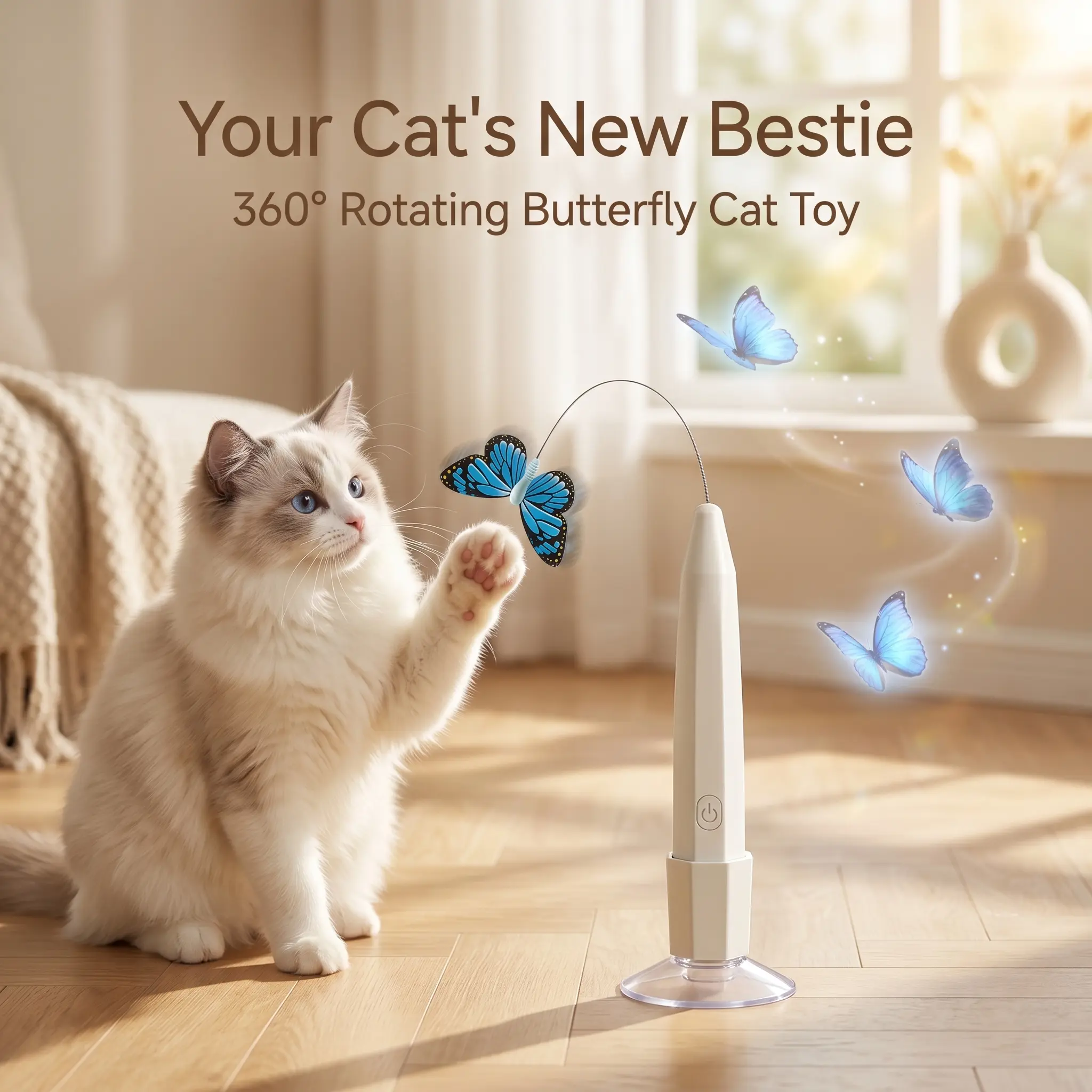 OmniPets Interactive Butterfly Cat Toy Handheld And Supervised Self Play USB C Rechargeable Electric Teaser Wand With Suction Base For Smooth Surfaces Indoor Cats And Kittens
