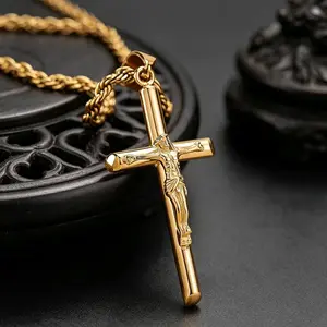 Crucifix Cross Necklace For Men And Women, 18K Gold Plated Jesus Christ Pendant Necklace, 18-24 Rope Chain Men, Jewelry for Summer, Fashion Accessories, Summeroutfit, Summerwins