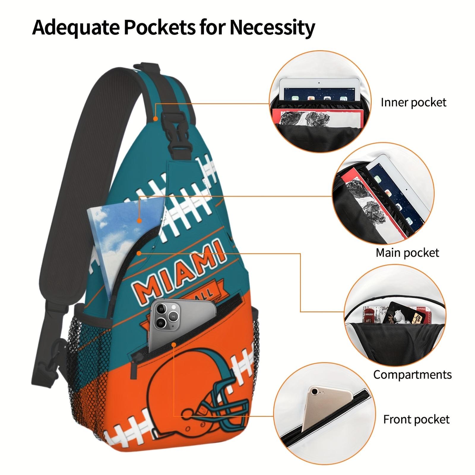 Large Crossbody Backpack  Miami Football Graphic - Turquoise & Orange Football Field Design, Heavy-Duty Machine-Washable Polyester Bag  Zipper Closure & Adjustable Strap - Spacious Chest Pack for Travel, Hiking, Sports, Gaming Fans - Unisex with