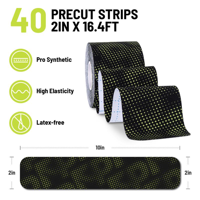 FitPoint Kinesiology Tape – 2 Rolls (40 Pre-Cut Strips) – Ultra-Sticky Athletic Tape for Joint Support – Elastic Kinesio Tape for Knee, Wrist, Ankle – Black & Green