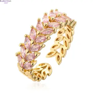 Geometric Wheat Ear Open Ring for Women, Gold Tone Adjustable Minimalist Ring with CZ Detail, Vintage Style Finger Jewelry for Daily Wear