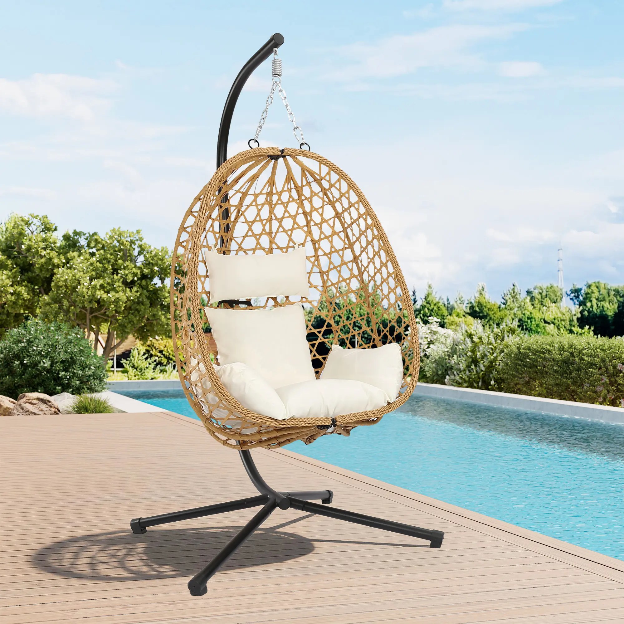 RIWENGO Hanging Wicker Egg Chair with Stand, Single Swing Chair with Cushions for Indoor and Outdoor Use, Supports Up to 350 lbs, Perfect for Patio, Garden, or Balcony