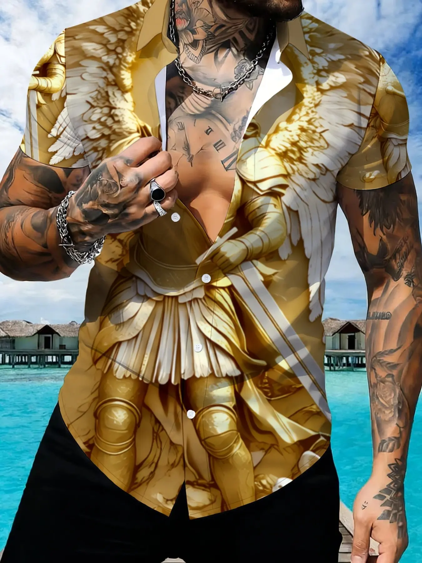 Golden Angel Armor Print Short Sleeve Shirt, Men's Casual Slim-Fit Open Front Top, Trendy All-Season Fashion Apparel