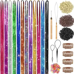 Hair Tinsel Kit, Fairy Tinsel Hair Extensions with Tools - Glitter Hair Tinsel Kit Heat Resistant Accessories for Girls Women Christmas New Year, 48 Inch