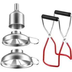 4pcs Canning Funnels for Wide and Regular Jars, Stainless Steel Wide Mouth Funnels, Metal Funnel Set for Kitchen Use, with Jar Tongs Lifter