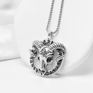 Viking Ram Skull Necklace for Men & Women Rune Circle Vintage Pendant Stainless Steel Keychain Valentine's Day Gifts for Couples