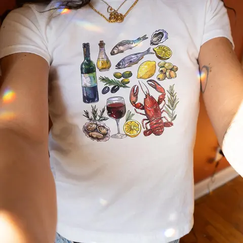 Women's Lobster & Wine & Lemon Print Round Neck Crop Tee, Casual Short Sleeve Crew Neck T-shirt for Everyday Wear, Ladies Clothes for Summer, Womenswear, Cropped