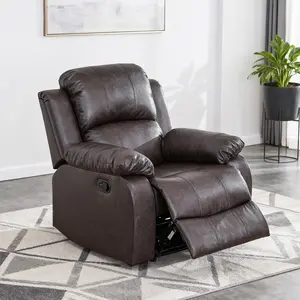 Faux Leather Manual Recliner Chair, Overstuffed Living Room Single Sofa with Padded Arms and Backrest, Black, Brown