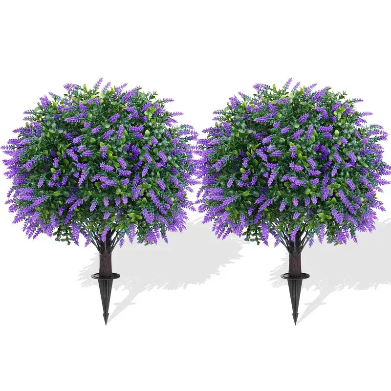 A set of 2 artificial simulated lavender flower arrangements, decorative artificial shrubs with thorns, UV resistant artificial evergreen trees for porch, outdoor flower pots, indoor flower pots