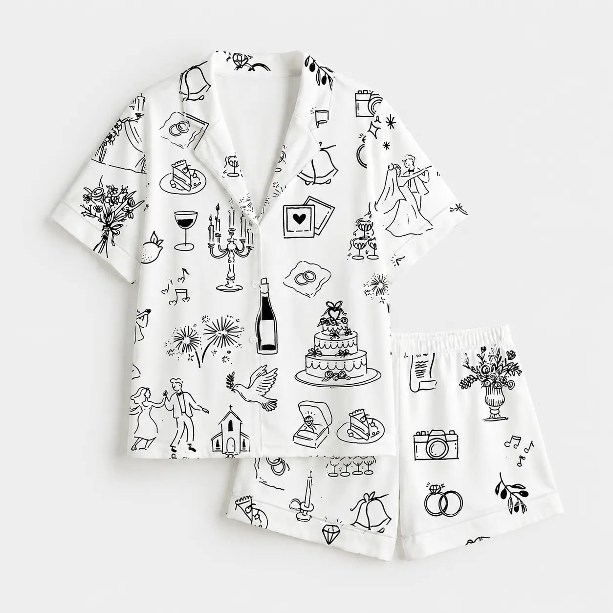 Women’s Wedding Pajamas, Romantic Line Art Sleepwear, Button Up Lounge Set, Gift for Bride