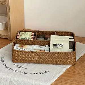 1count Woven Storage Basket Photo Prop Coffee Liquid Snack Organizer Desktop Tea Table Miscellaneous Organiser Compartmented