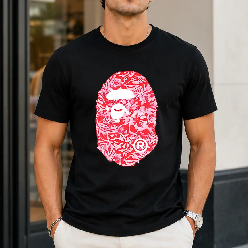 100% Cotton Men's Short-Sleeve  Pink Tropical Ape Graphic T-Shirt - Unisex Urban Art Streetwear Tee for Summer Casual Outfits, Back to School Menswear Top backtoschool