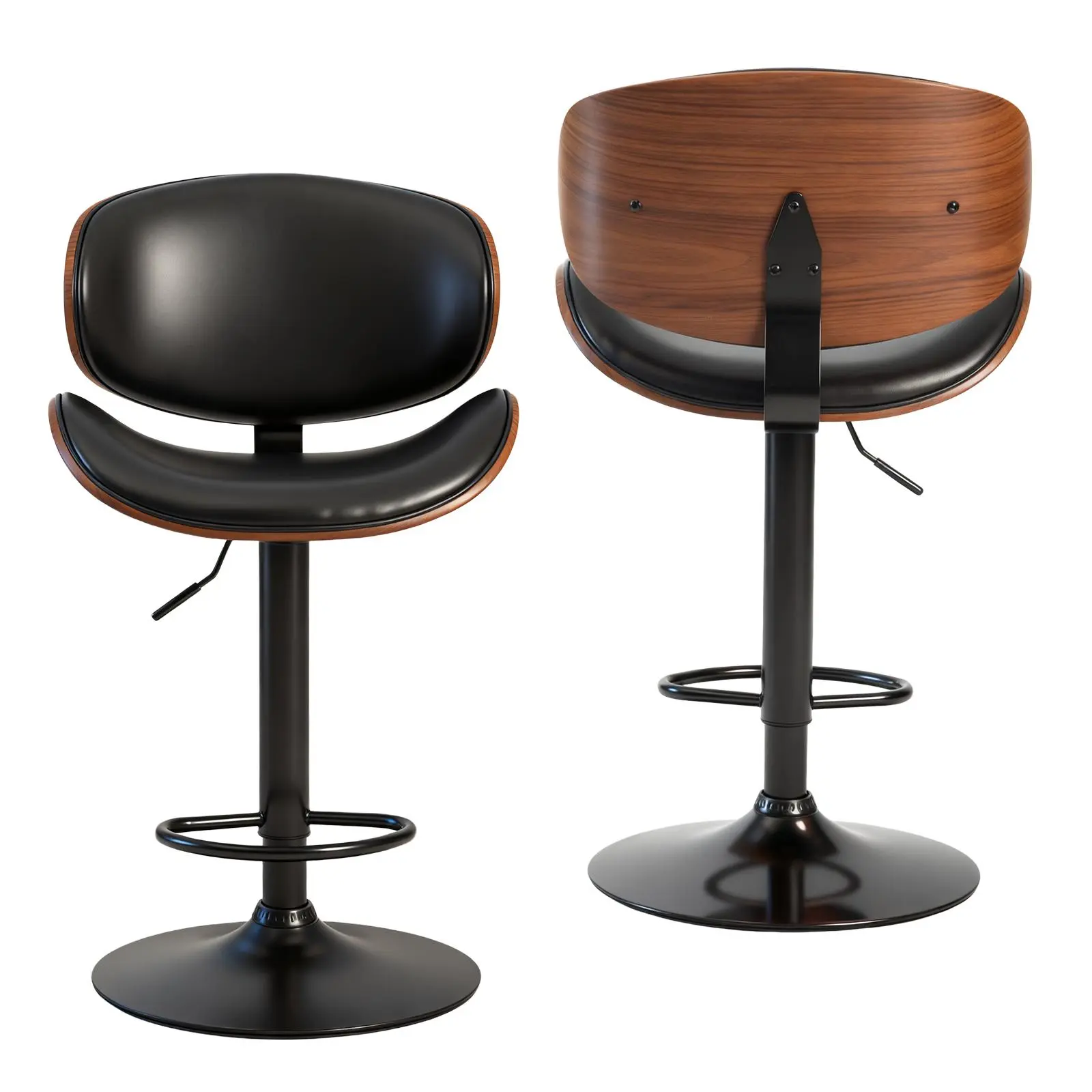 Set of 2 rotating bar stools with adjustable height, PU leather decorative chairs, backrests and footstools, and anti-slip rubber bases
