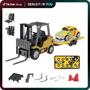 Hotfree 1/64 Mini RC Forklift, Remote Control Excavator, 11 Channel 2 Mode 2.4Ghz Remote Control Alloy Construction Vehicles Set with USB-C Rechargeable, 2 in 1 Transformable Lift Fork & Hook, Birthday Christmas Gift for Kids Adults Boys and Girls