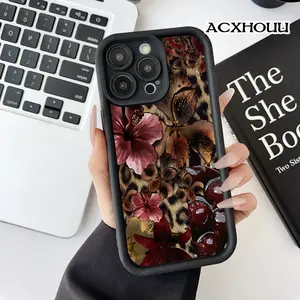 Soft Case for iPhone 17 16 E Pro Max 15 Plus 14 13 12 11 XS XR Floral Leopard Print with Cherries  Printed TPU Rubber Full Lens Guard Protective Cover