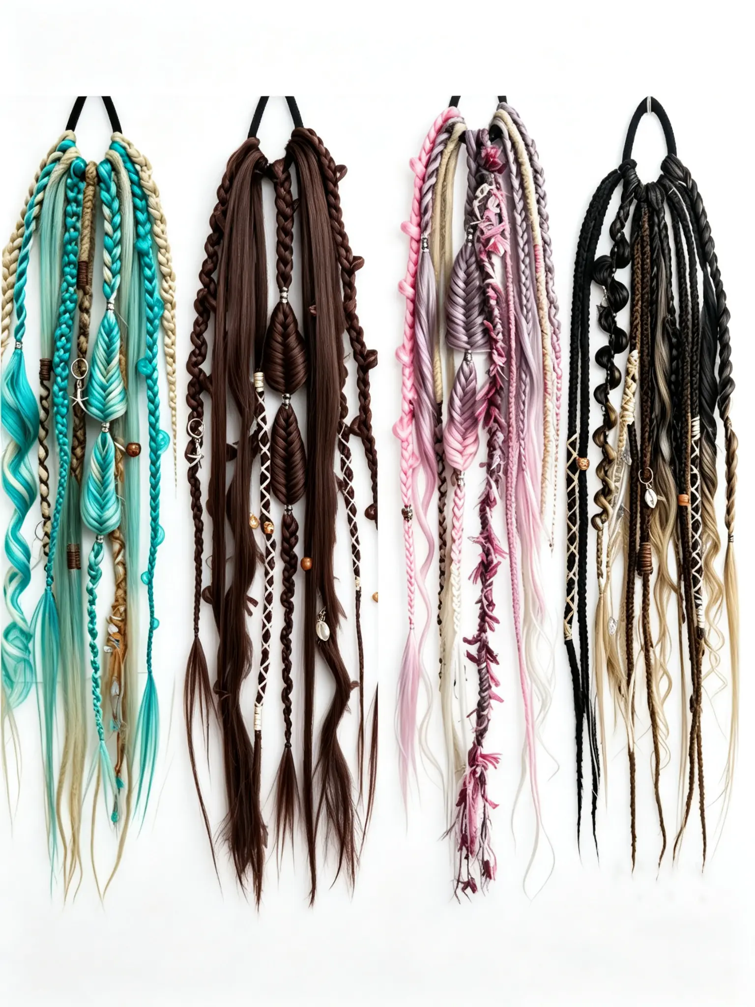 Boho Braided Ponytail Extension - Drawstring Dreadlock Ponytail with Beads Feathers, Festival Hair Extensions for Women, Hippie Braids Hairpiece