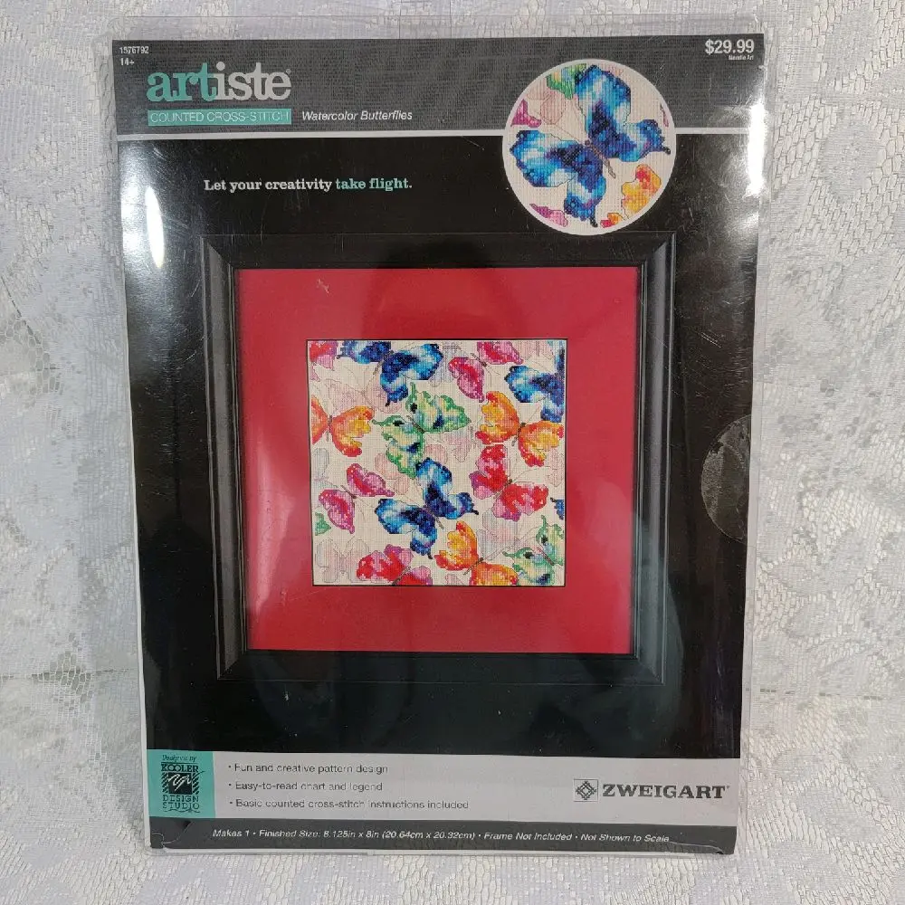 Zweigart Watercolor Butterflies Artiste Counted Cross-Stitch Kit 8.125in x 8in