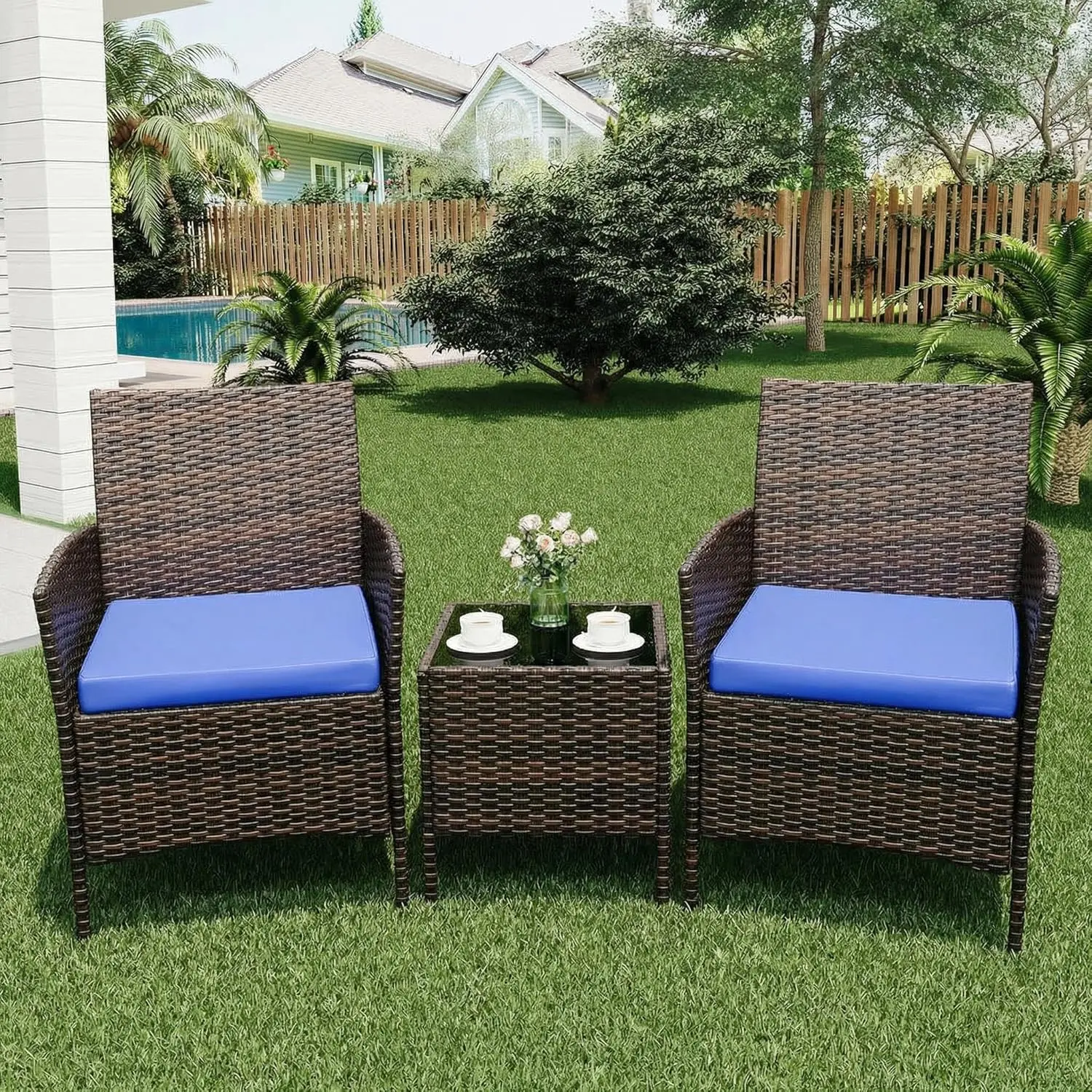 3 Pieces Rattan Conversation Set, Wicker Outdoor Patio Furniture Set with Tempered Glass Table, Patio Table and Chairs Set for Backyard Lawn Porch Poolside Balcony, Brown and Blue