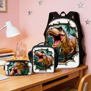 Durable Water Resistant 3-Piece Backpack Set for Kids, Lightweight School Bag with Lunch Box & Pencil Case, 600D Oxford Cloth with Cool 3D T-Rex Dinosaur Print, Padded Breathable Straps & Mesh Back, 15-inch Laptop Compartment, Insulated Lunch Bag & Matchi