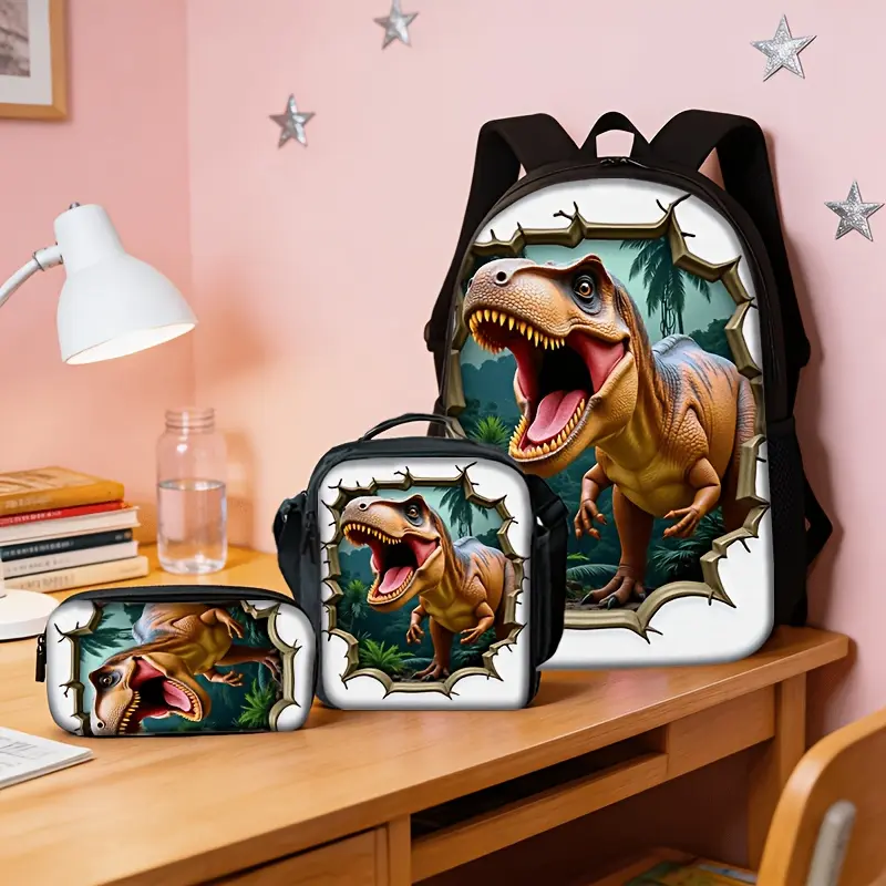 Kids' 3-in-1 Cartoon Style Colorful Backpack Set (Back to School Haul), 600D Oxford Cloth T-Rex Print, 15-in Laptop Compartment, Padded Breathable Straps, Mesh Back, Insulated Lunch Bag (School Lunches), Pencil Case, Durable Water-Resistant Lightweight