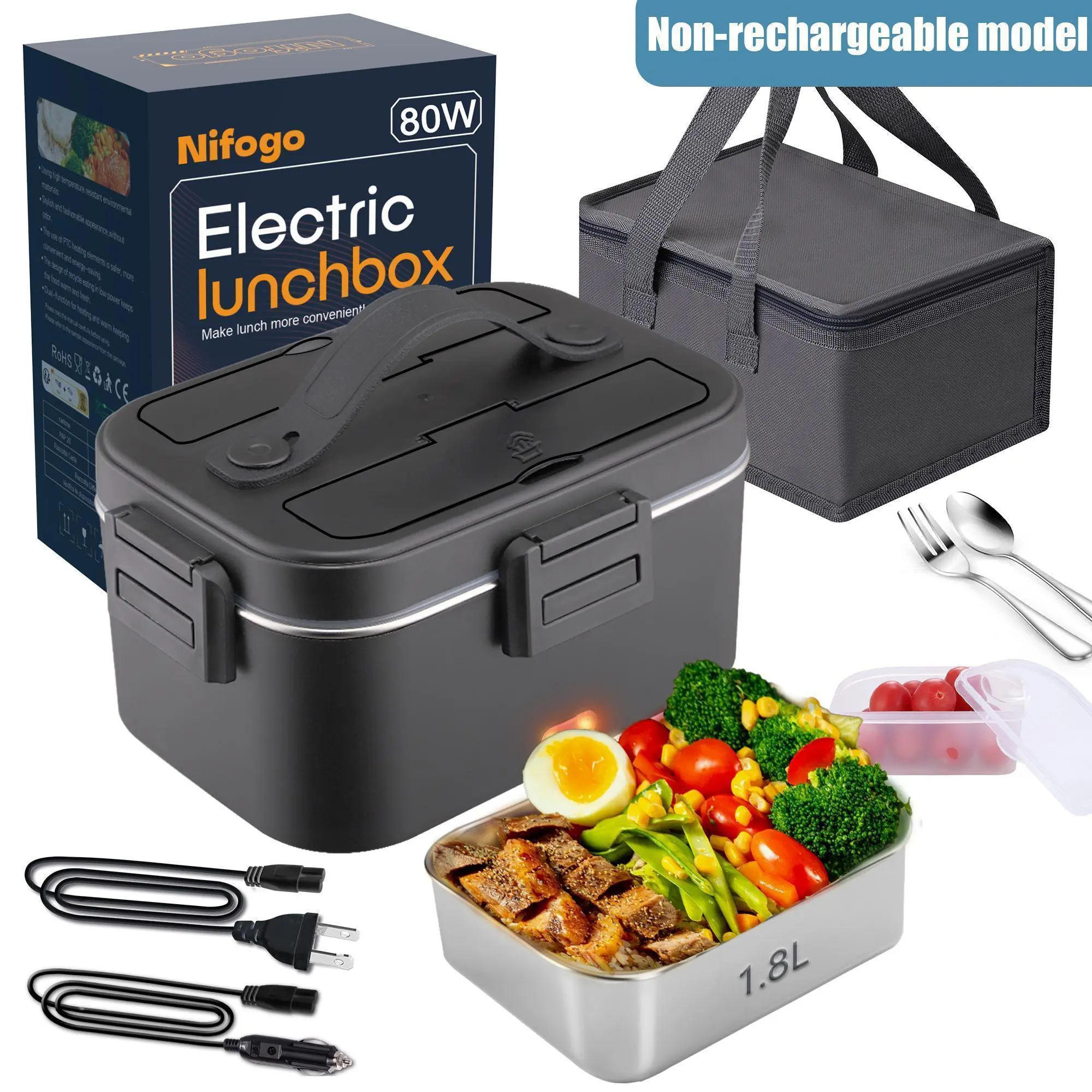 Nifogo 1.8L 304 Stainless Steel Electric Lunch Box Multi Voltage 110V 12V 24V Fast Heating Portable Leakproof Insulated Food Box With Complete Accessories Fork Spoon Storage Bag Home Car Office