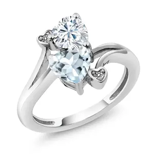 Gem Stone King 10K White Gold Double Heart Sky Blue Aquamarine and Moissanite Ring for Women with Diamond Accents | 1.56 Cttw | Heart Shape 6MM & Round 1.5MM | Promise Anniversary Ring