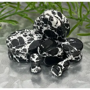PAIR of Unique Black & White Synthetic Imperial Turquoise Double Flare Tunnels/Plugs