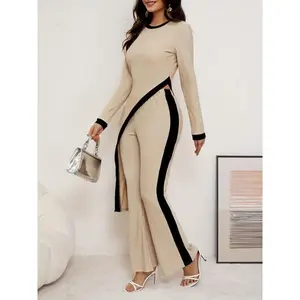 Asymmetrical Hem Jumpsuit Set (1 set): elegant women’s polyester jumpsuit featuring an asymmetrical hem, crew neck, knit fabric, solid color, suitable for spring/fall; includes a T-shirt and flare pants.
