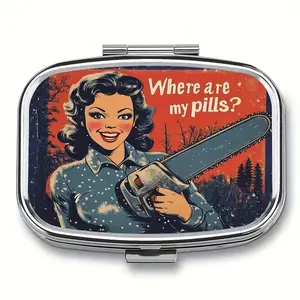 Vintage Pop Art Style Compact Metal Pill Box, Fun Ladies Chainsaw Design, Portable Decorative Vitamin Storage, Supplement Organizer, Unique Gift