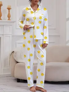Women's Cute Duck Print Pajama Set, Long Sleeve Lapel Cardigan & Elastic Pants, Casual Fall Winter Sleepwear
