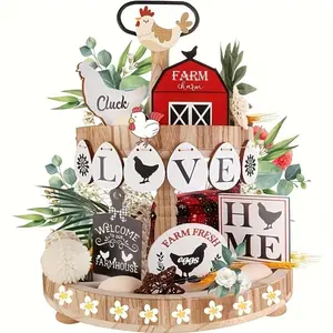 Wooden Chicken Egg Design Tiered Tray Decor, 11pcs/set Farmhouse Style Wooden Ornament, Home Decor for Living Room Bedroom Kitchen