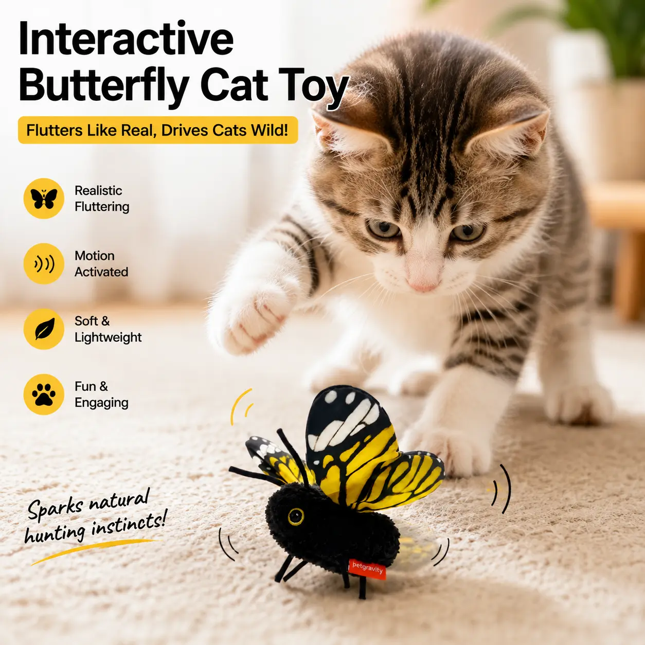 Interactive Electric Butterfly & Bluebird Cat Teaser Toy, 3 Smart Flying Modes, USB Rechargeable Hanging Toy with Washable Cover for Indoor Cats, Teaser Toys