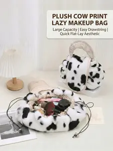 Lightweight Drawstring Makeup Bag Opens Flat, Plush Cow Print Lay Flat Cosmetic Pouch with Faux Leather Handle, Travel Toiletry Bag for Women, Magnetic Closure, Room for Essentials