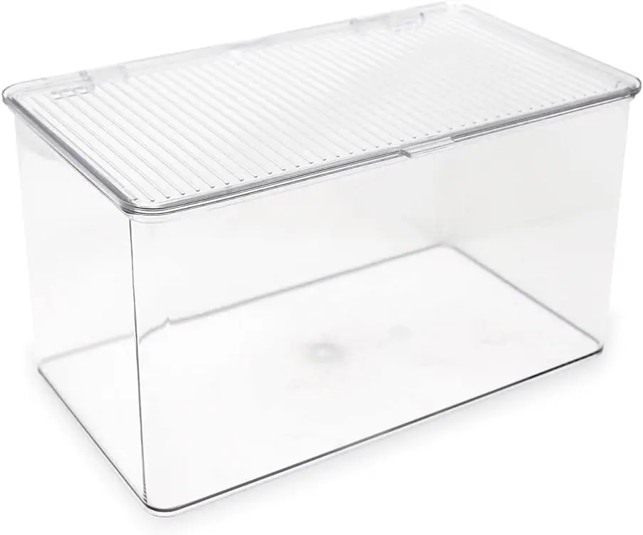 Large Stackable Organizer Bin (10.75 x 6.5 x 6.1) w Hinged Lid Clear Storage Box  Office School Fridge Bathroom Kitchen Pantry Container BPAFree  Safe (Large Clear)