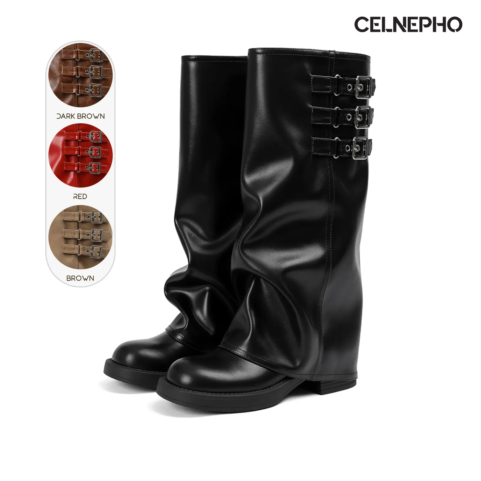 CELNEPHO Womens Knee High Boots Round Toe Fashion Boot Easy Pull on Fold Over Boots Adjustable Buckle Design Wide Mid Calf Slouch Boots Comfy Bike Riding Gift Date Work Daily Wear Trendy Dress Shoes