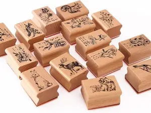 15pcs Wooden Rubber Stamps Animals and Plants Patterns Stamps Set for DIY Craft Card Scrapbooking Supplies