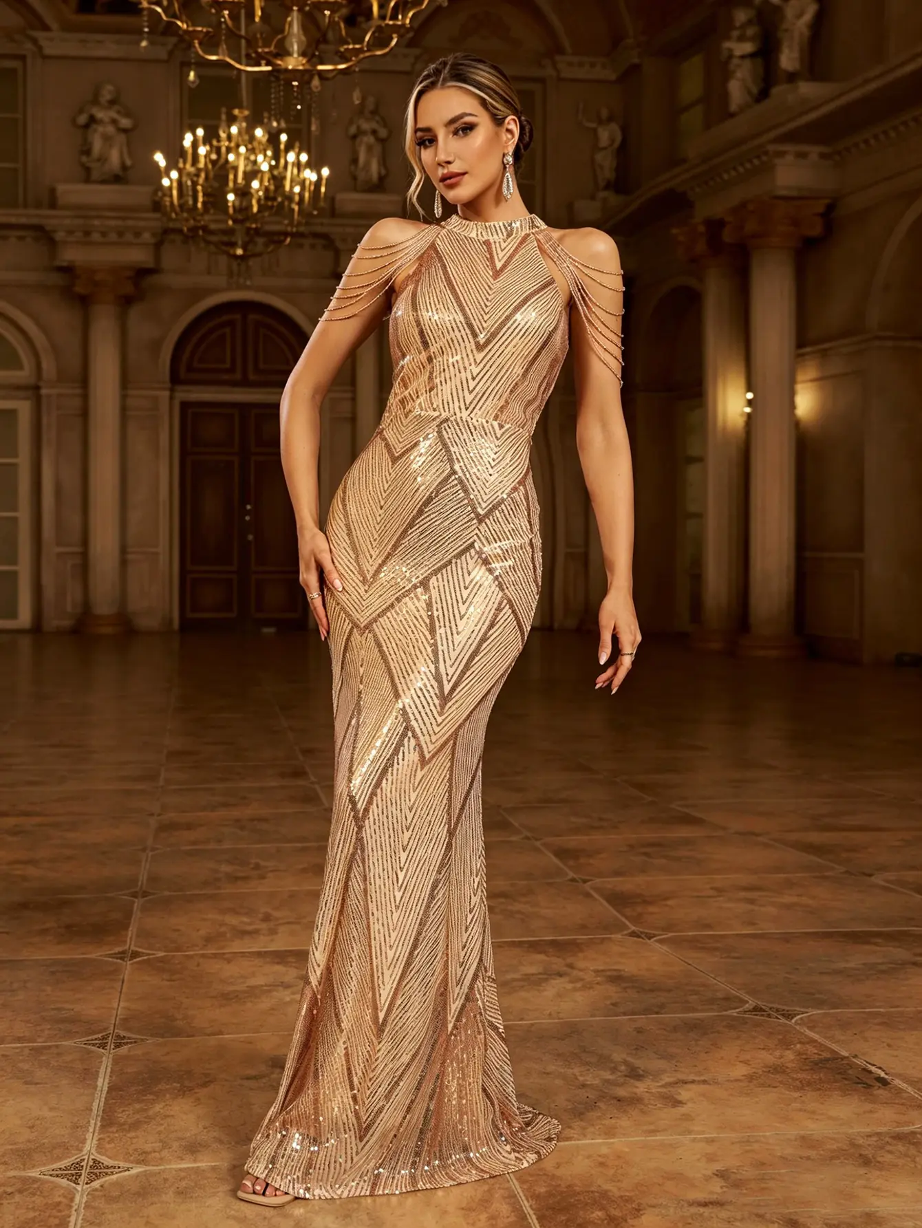 MISSORD Women's Formal Clothes - Off-Shoulder, Sequin-Beaded Chain, Bodycon Silhouetted Evening Gown for Balls, Glam Style, Blinged Out Cocktail Dress, Blinged Out Style, Beaded Chains, Bead Detailed Sequin Party Dresses