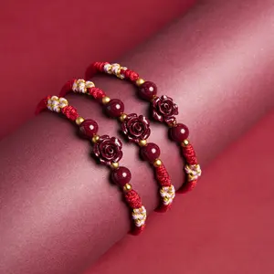 Cinnabar Rose Red String Bracelet with 18K Gold Accents for Love Prosperity and Protection Elegant Design Perfect for Any Occasion