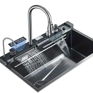 1 Set Digital Display Waterfall Sink Single Bowl Kitchen Sinks - Stainless Steel Bar Sink With Pull Down Sprayhead Faucet, Smart Modern Kitchen Sink With Full Set Of Accessories, Gun Gray&Brushed Golden