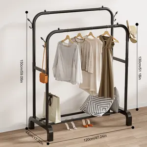 Double Rod Clothes Hanger with 4 Hooks for Hanging Clothes Multifunctional Bedroom Organizer 59.06in x 51.18in x 17.32in x 47.24in Efficient Storage Solution Laundry Racks Black