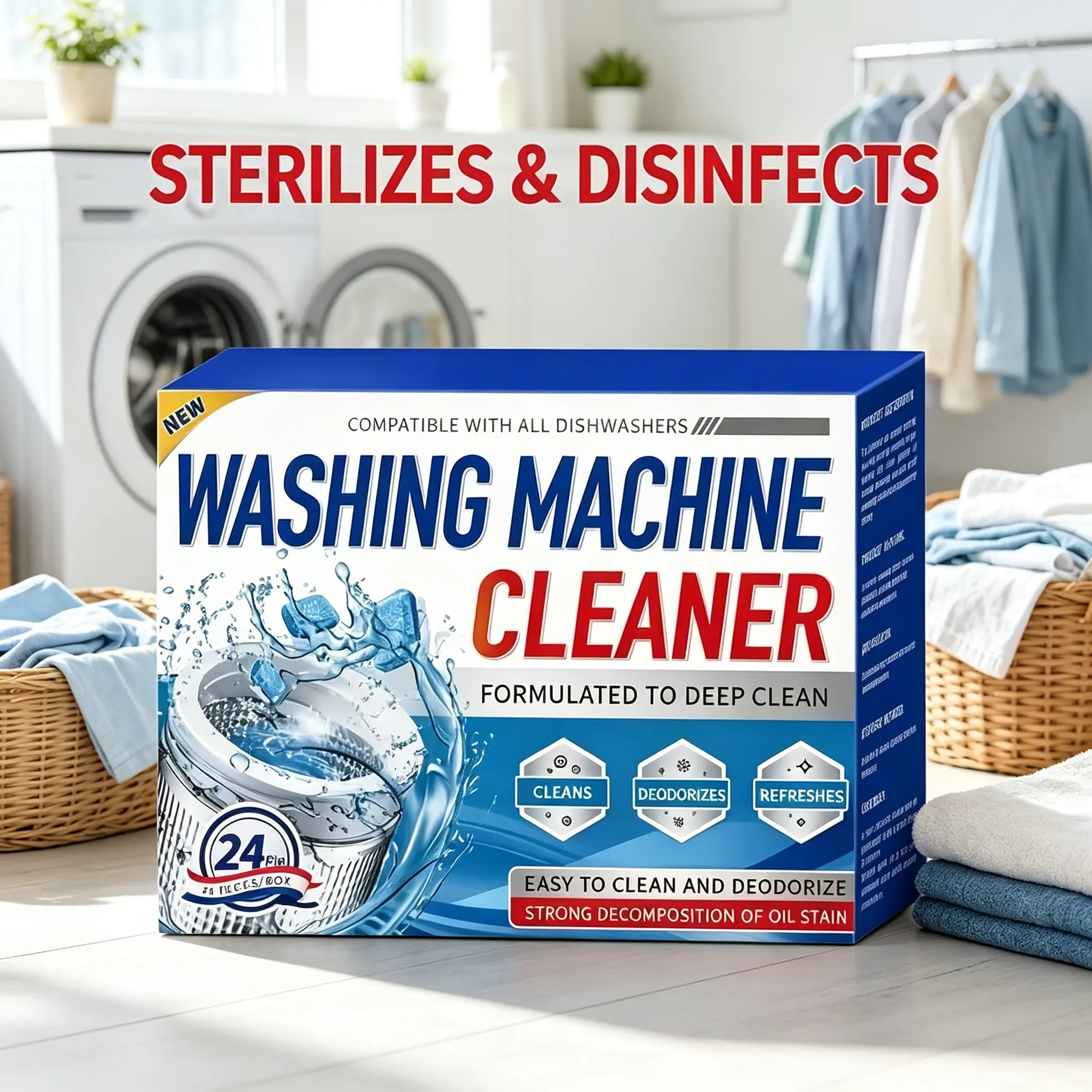 Sterilizes & Disinfects Washing Machine Cleaner - 24-Hour Formula for Deep Clean, Easy to Clean and Deodorize, Strong Decomposition of Oil Stain