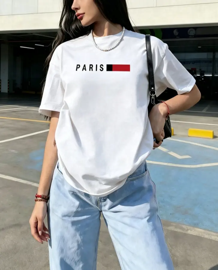 Paris Brand White T-Shirt with Red and Black Logo for Women