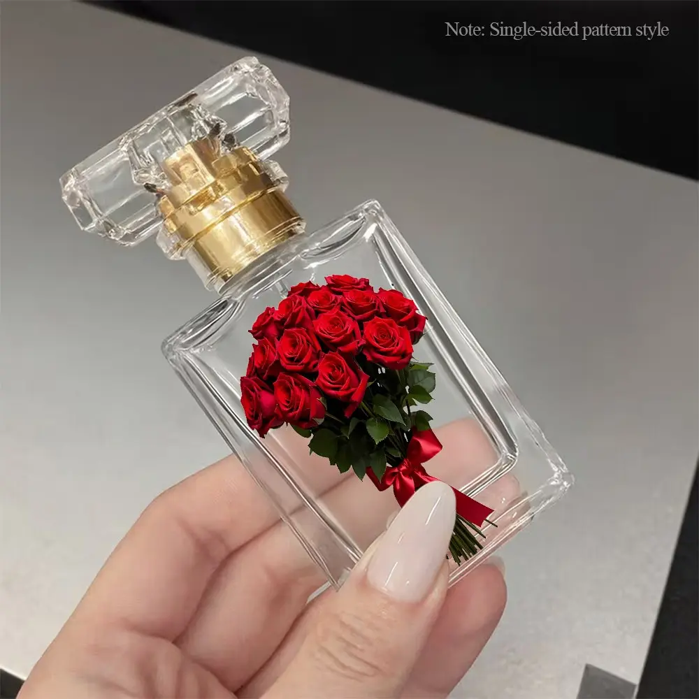 50ML Perfume Refill Bottle, Travel Portable Compact Dispenser, Glass Material, Transparent &, Rose Pattern, Ideal Gift for Special Occasions