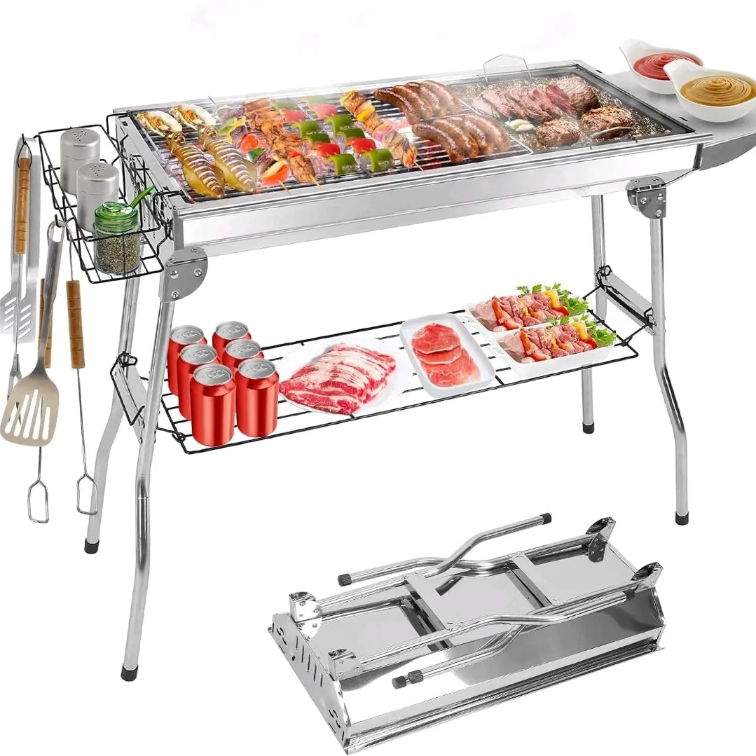 Double-Layer Square Stainless Steel Portable Barbecue Stove - Folding Frame, Corrosion Resistant, Easy to Assemble, Clean & Carry, Durable, Griddle Stovetop Portable Barbecues for Outdoor BBQs, Camping, Backyard Use