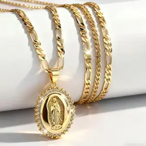 Gold Guadalupe Virgin Mary Necklace for Women Men Teens, 14K Gold Plated Oval Zircon Inlay Oil Drip Virgin Mary Pendant with Stainless Steel Figaro Chain Necklace
