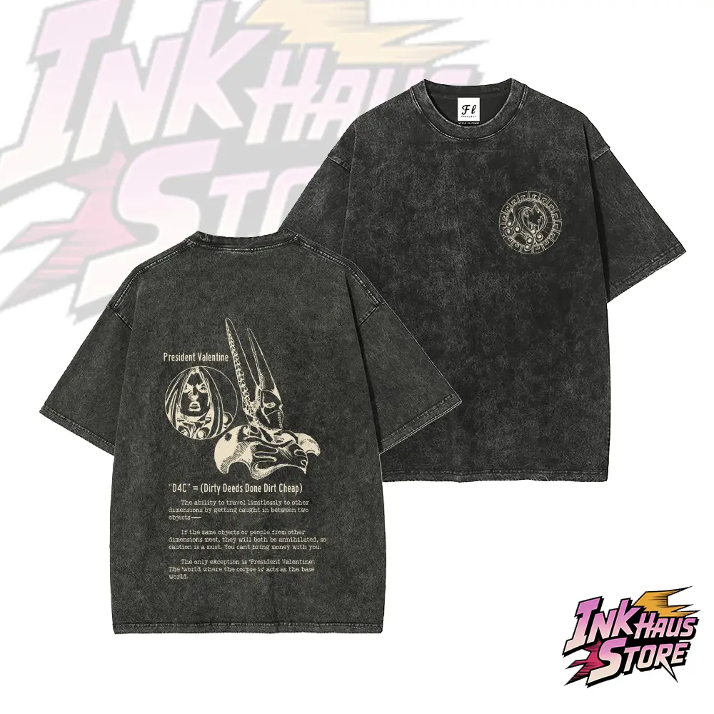 D4C acid wash T-shirt JoJo's Bizarre Adventure SBR The President Funny Valentine’s stand USA-made Cotton Unisex Casual Short Sleeve Anime Top men's t shirts 90s graphic tees wicked merch Streetwear
